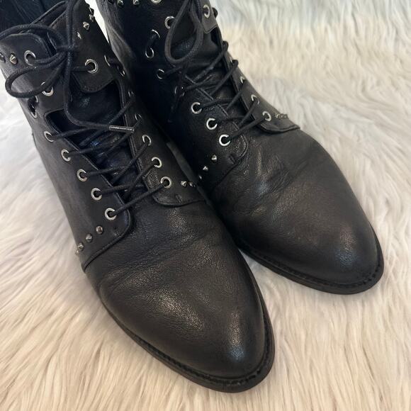 Stuart Weitzman Lashease Studded Moto Ankle Boots Leather Lace-Up Flat Black - Picture 7 of 10